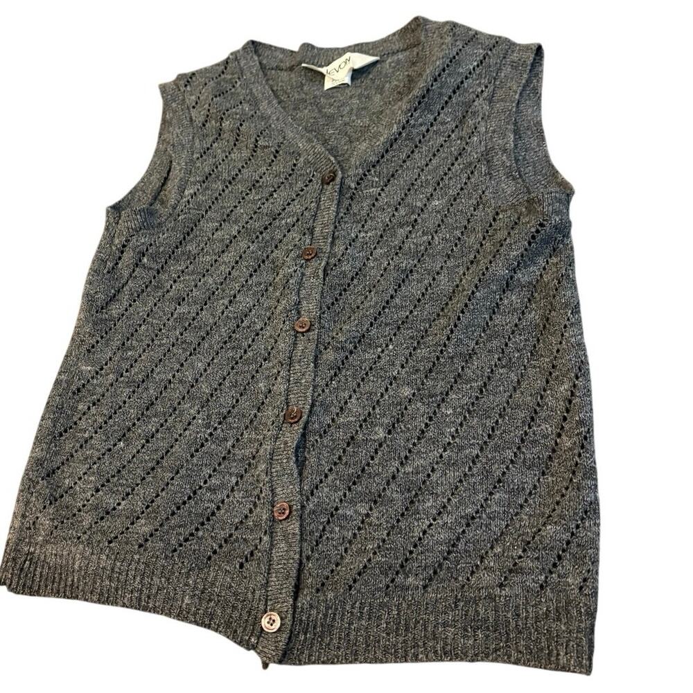 Devon Women Small Knit Sweater Vest Gray Button Front Open Weave Vintage USA